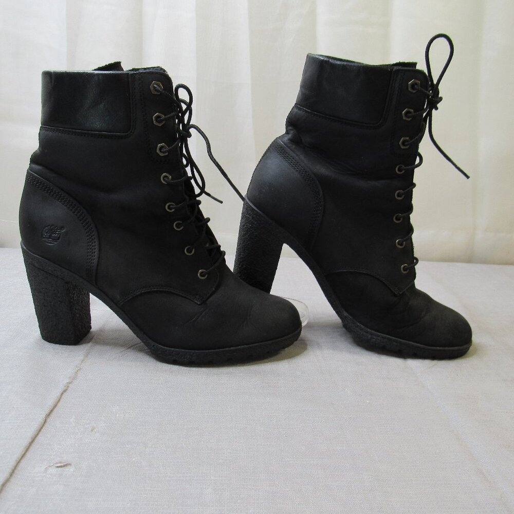 Timberland Boots Women Size 8.5 Black Textured Block Heels Lace Up 8432A Goth
